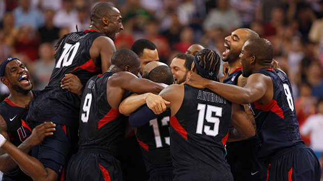 Beijing 2008 og, basketball men final, united states of america (usa) 1st spain (esp) 2nd, the members of the american team (usa) demonstrate their joy.